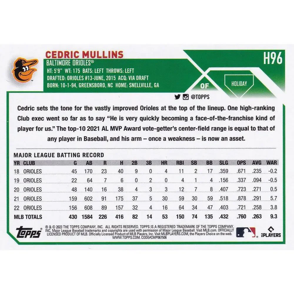 2023 Topps Holiday Cedric Mullins H96 Baltimore Orioles